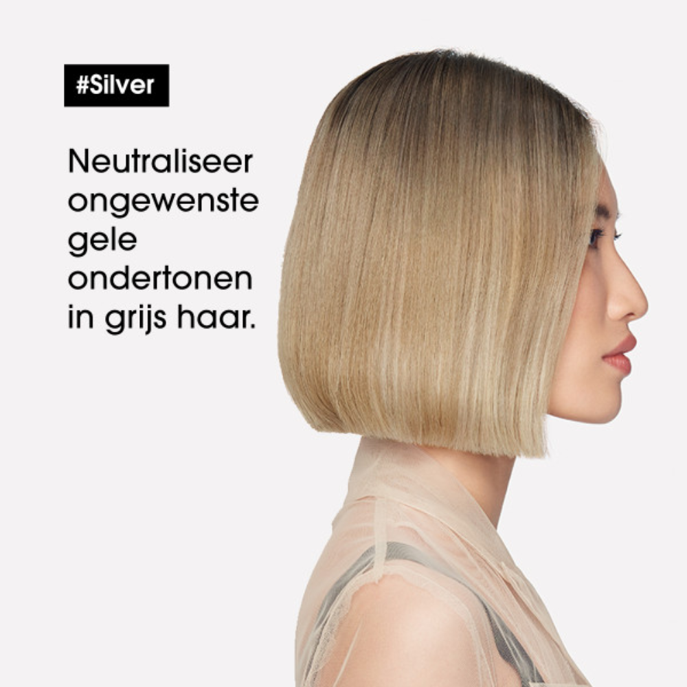 neutraliseer ongewenste gele ondertonen in grijs haar met de silvershampoo van loreal 