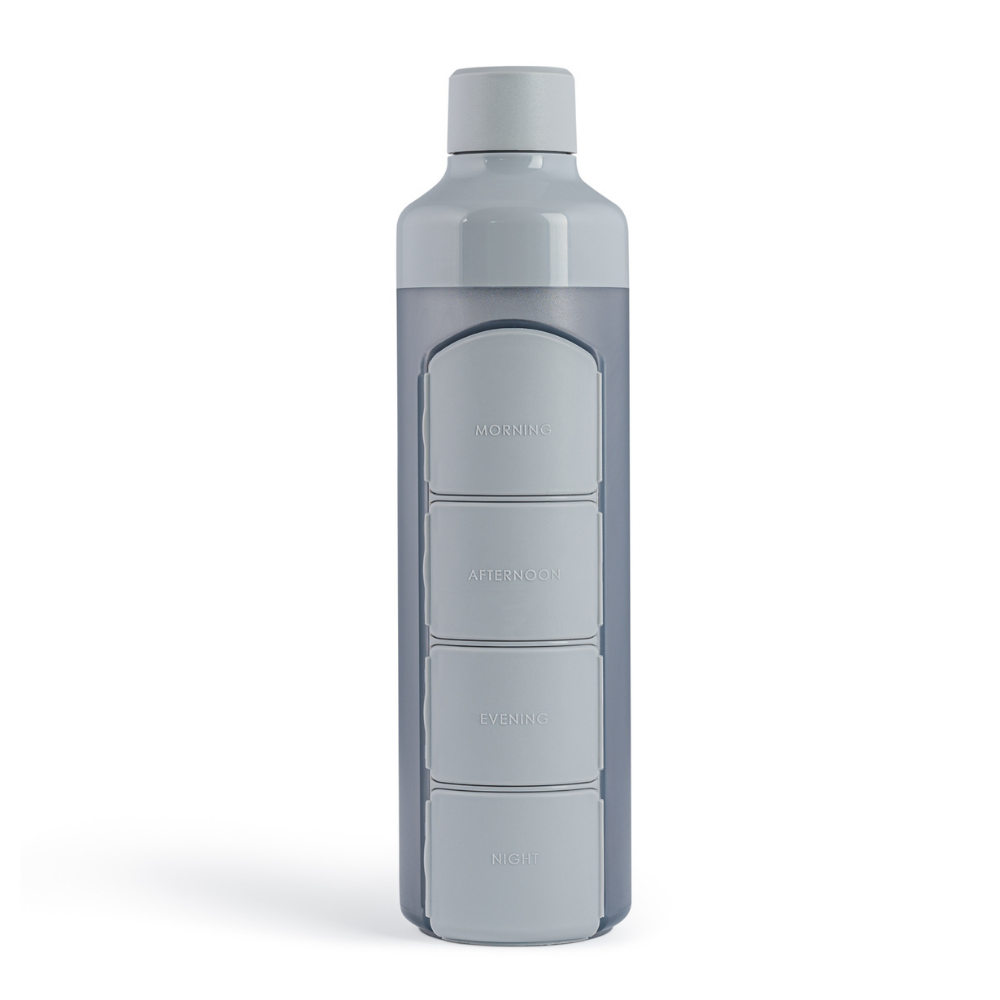 YOS Bottle - Drinkfles met Pillendoos 4 Dagen - Handige waterfles met aankoppelbare Pillendoos - 375 ML - Grijs
